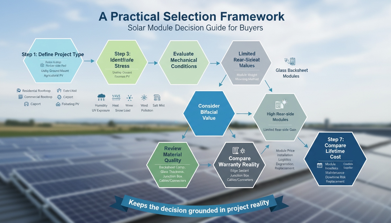 Practical PV module selection framework comparing project type climate stress mechanical conditions bifacial value material quality warranty and lifetime cost